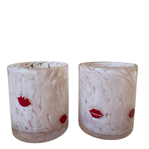 Pink Valentine's Day RED LIP Double Old Fashioned Glasses 14oz Set of 2 New - Picture 11 of 16